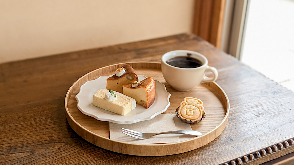 3つのケーキとドリンクが丸盆に盛り付けられたセット